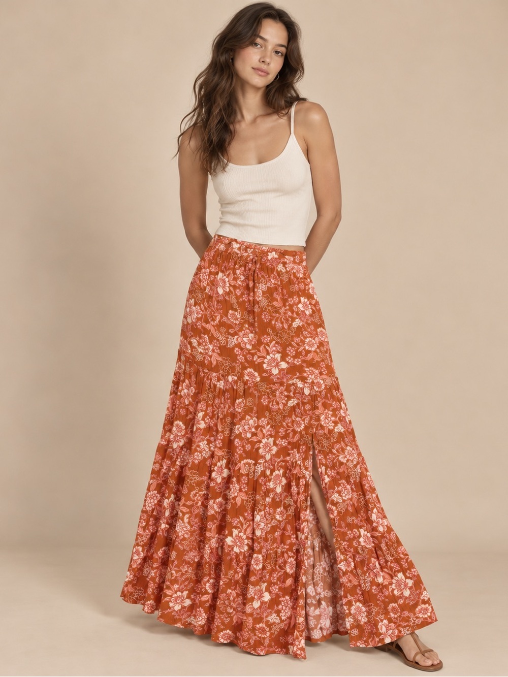Arizona Jean Co Rust Floral Tiered Maxi Skirt Size XS